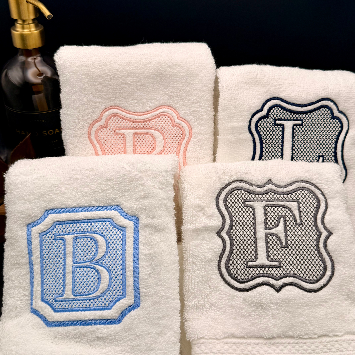 Personalized Luxury Hand Towel with Elegant Custom Embroidered Embossed Monogram