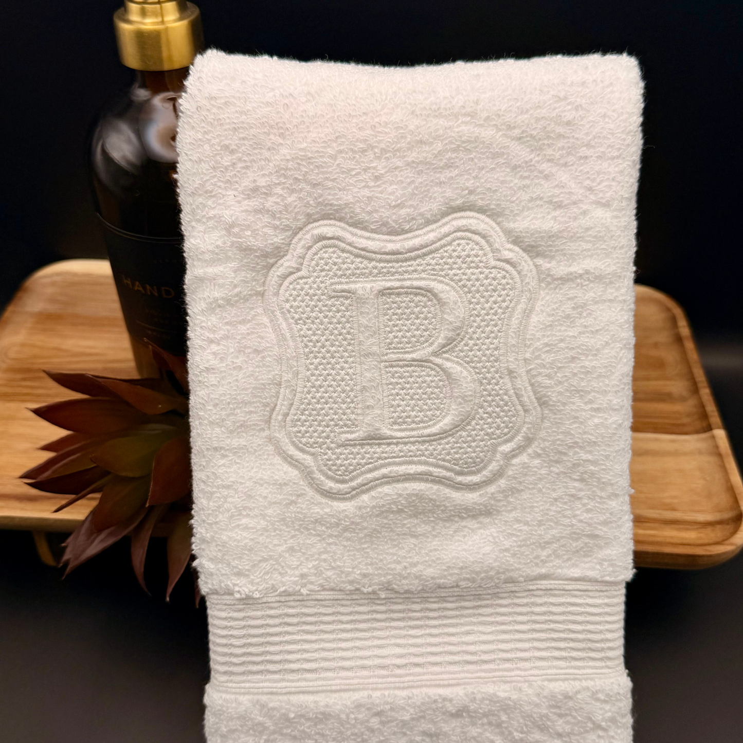 Personalized Luxury Hand Towel with Elegant Custom Embroidered Embossed Monogram