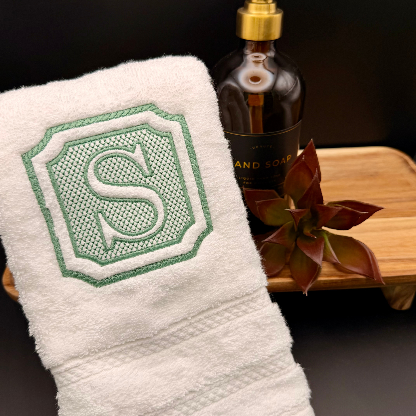 Personalized Luxury Hand Towel with Elegant Custom Embroidered Embossed Monogram