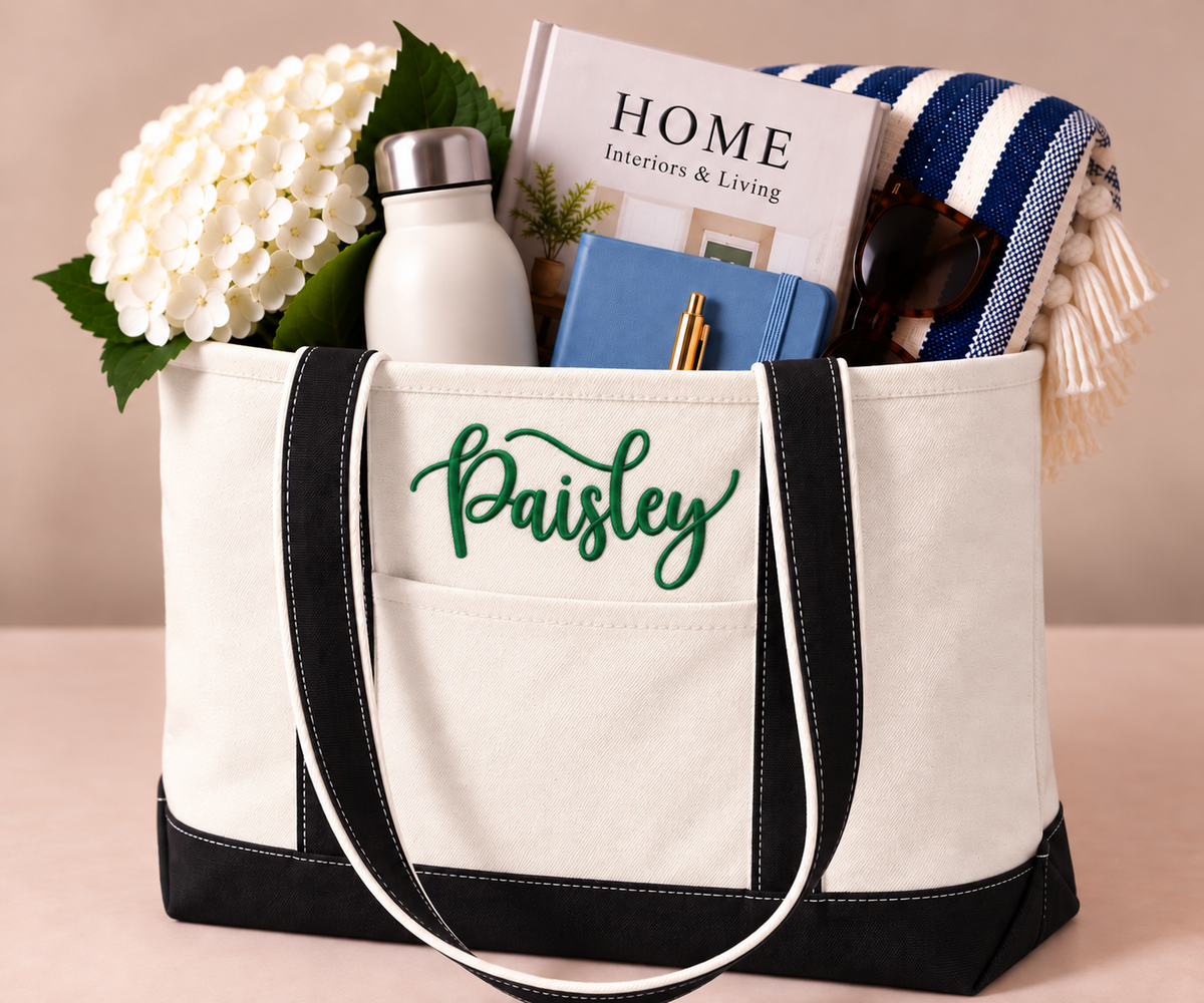 Personalized Classic Canvas Boat Tote Bag - Custom Embroidered Name