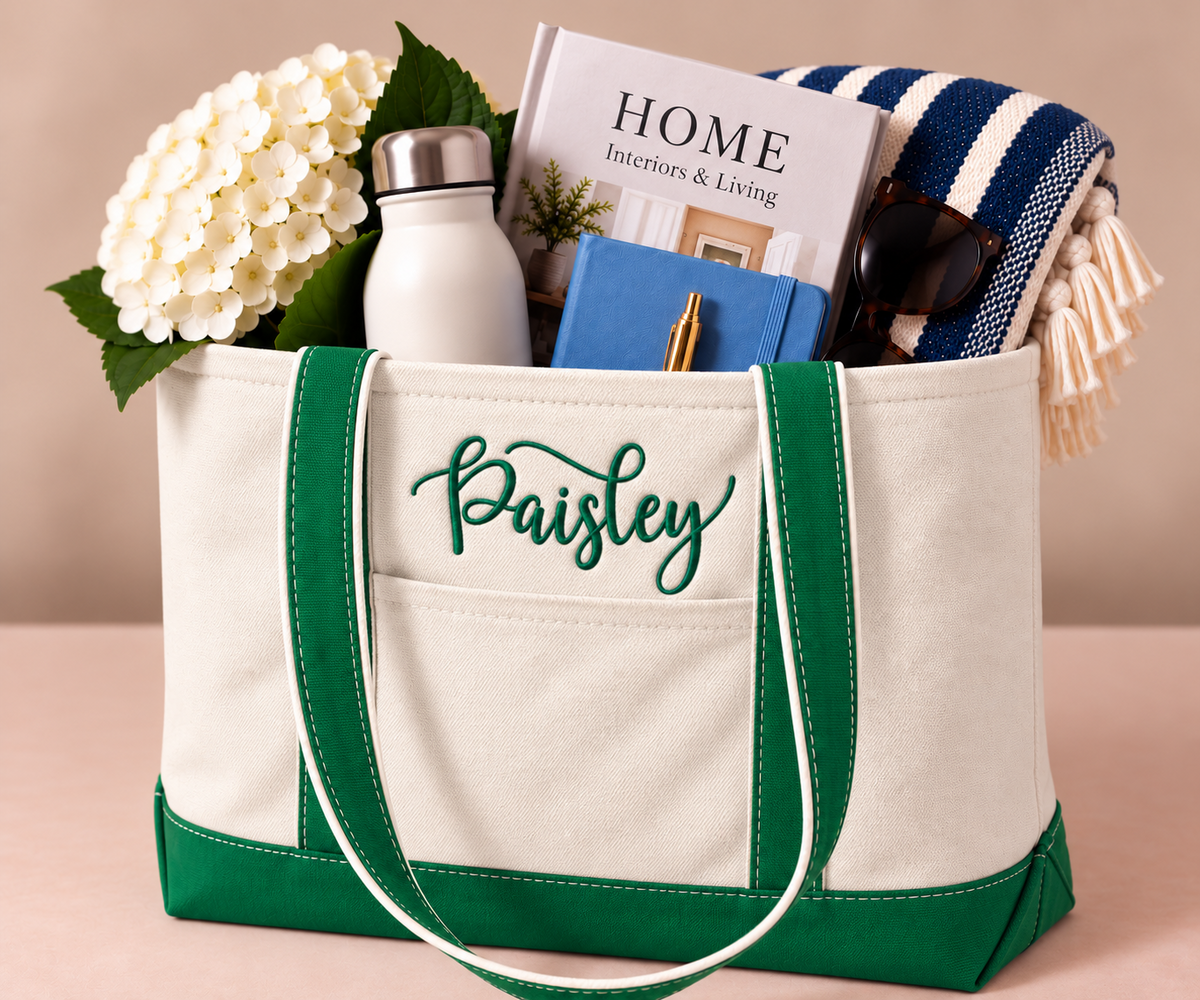Personalized Classic Canvas Boat Tote Bag - Custom Embroidered Name