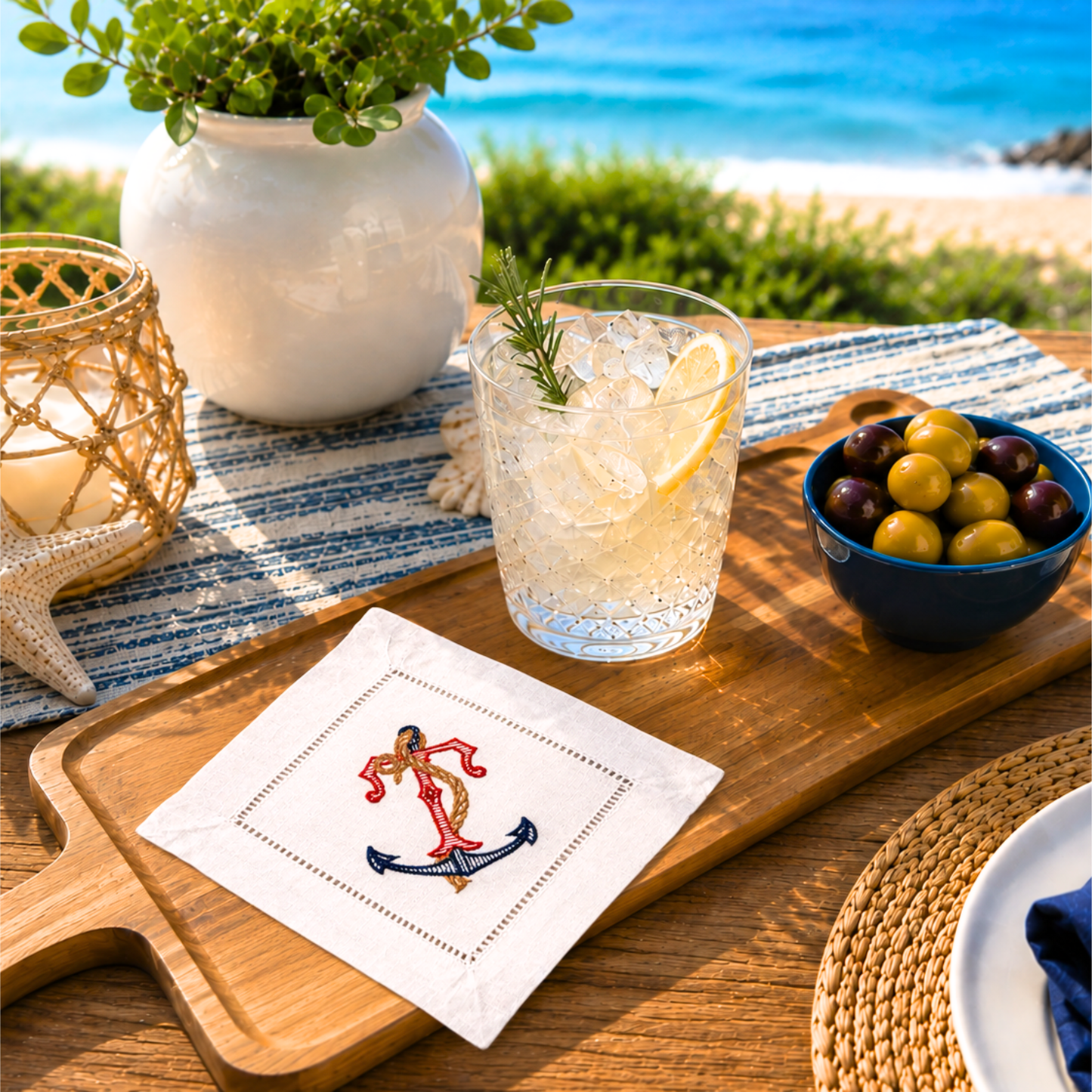 Personalized Embroidered Nautical Anchor Linen Cocktail Napkins - Set of 8