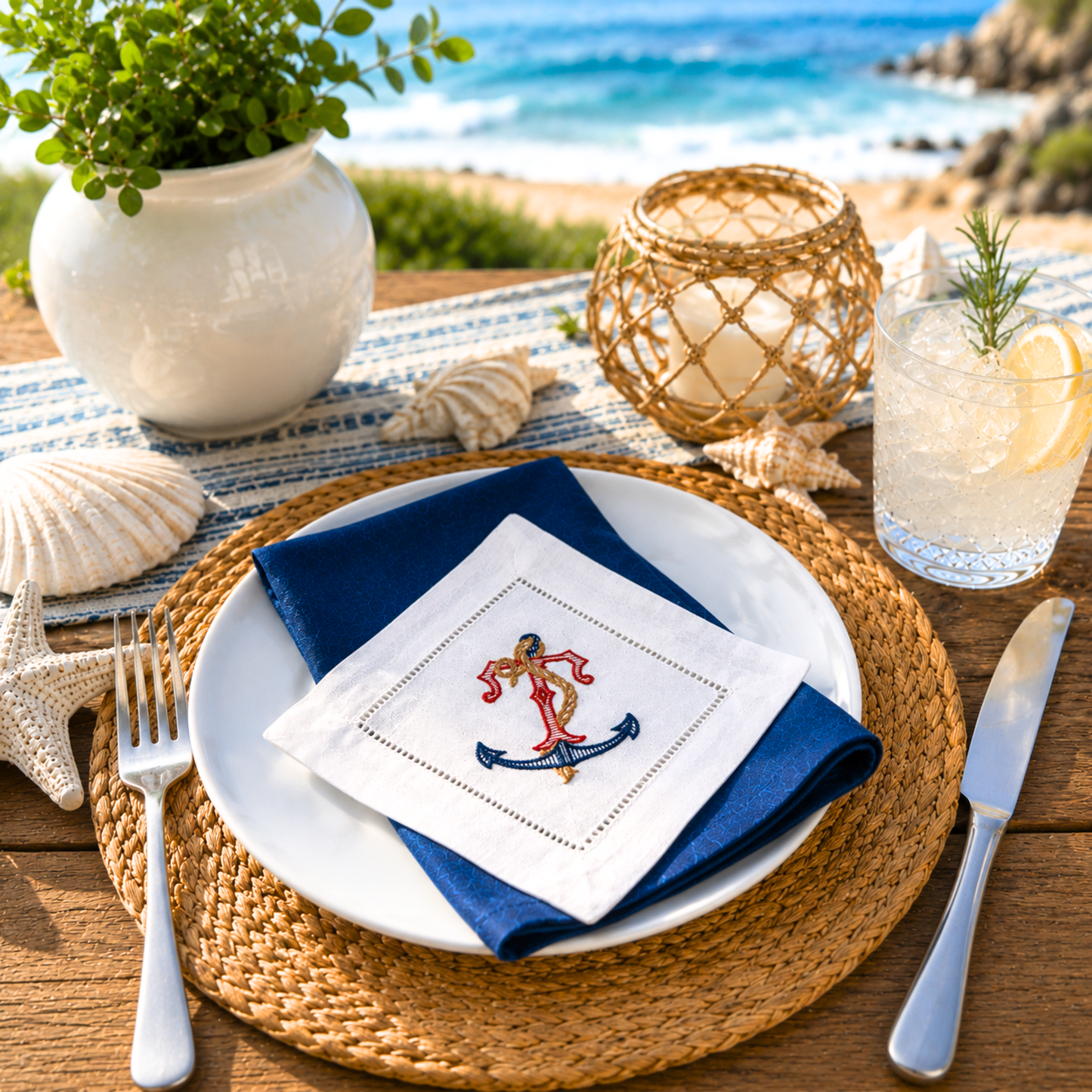 Personalized Embroidered Nautical Anchor Linen Cocktail Napkins - Set of 8