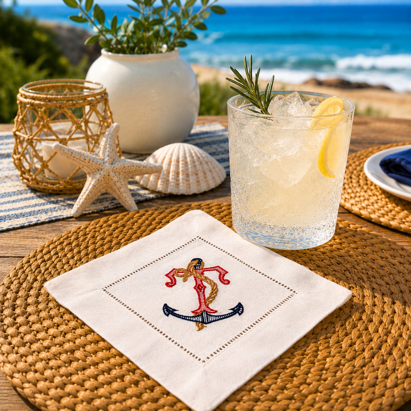 Personalized Embroidered Nautical Anchor Linen Cocktail Napkins - Set of 8