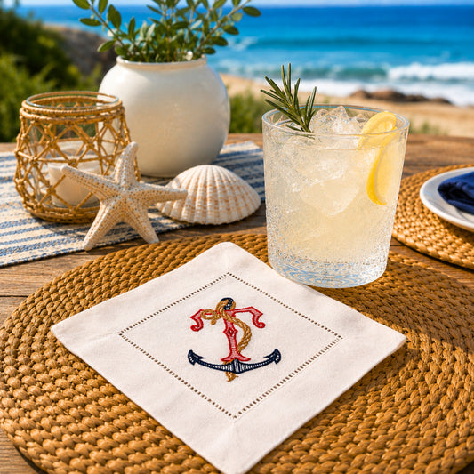 Personalized Embroidered Nautical Anchor Linen Cocktail Napkins - Set of 6
