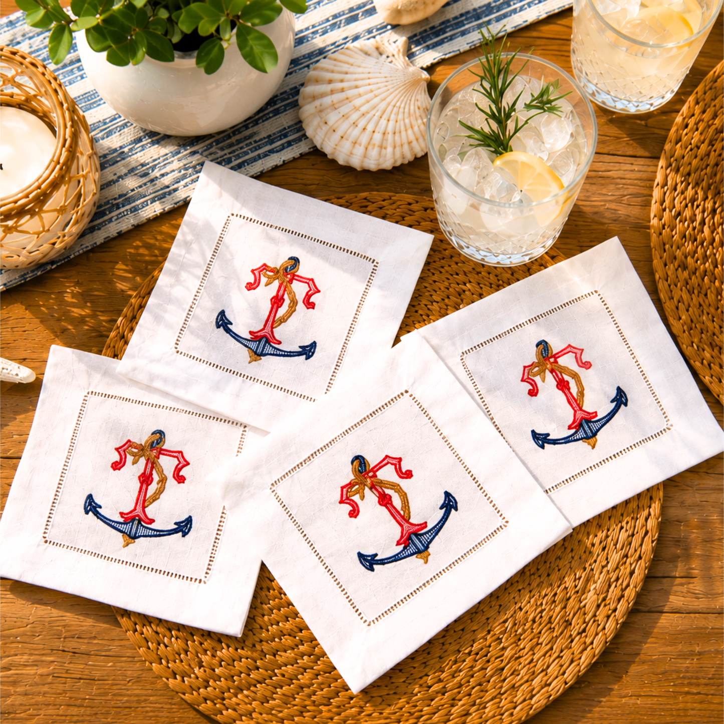 Personalized Embroidered Nautical Anchor Linen Cocktail Napkins - Set of 8
