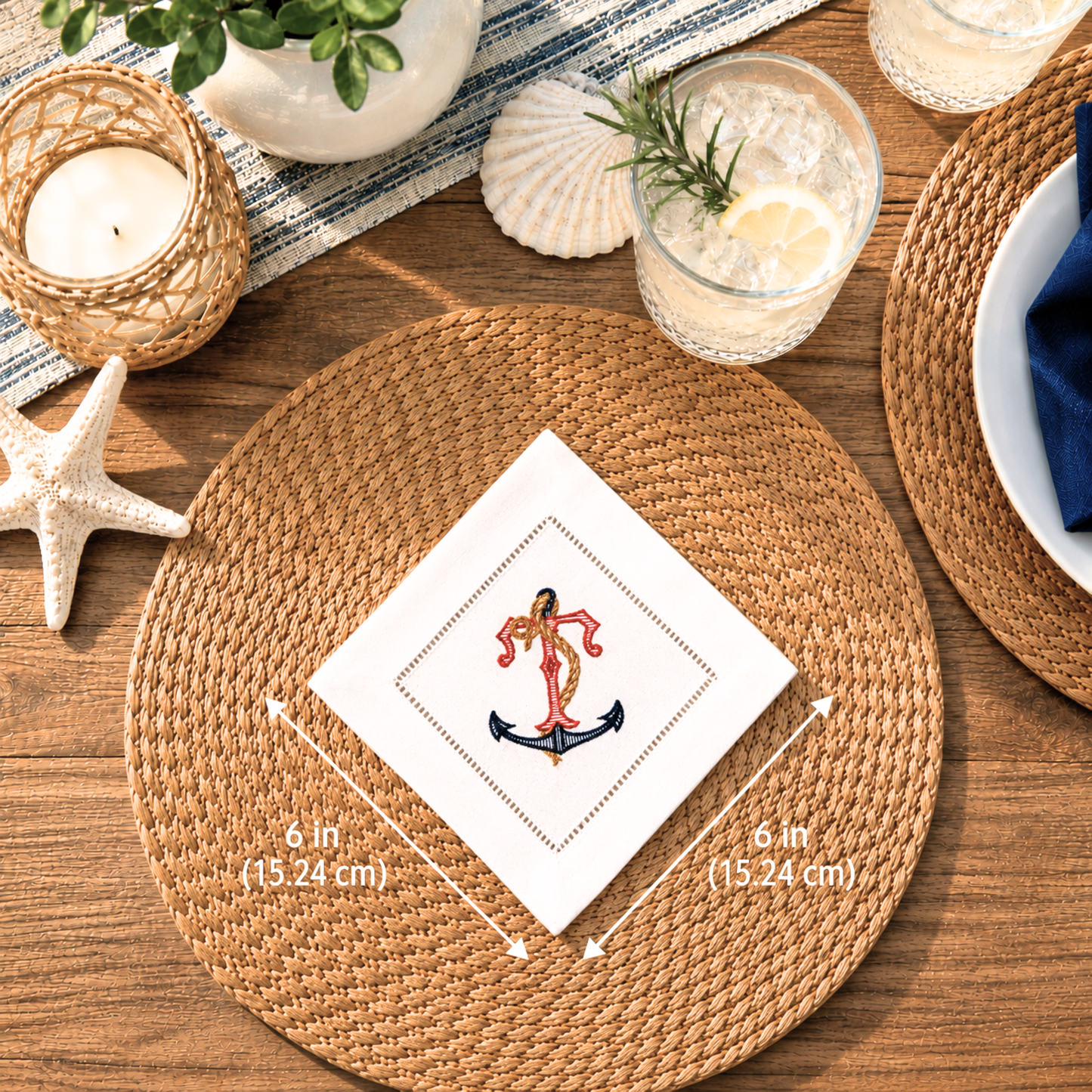 Personalized Embroidered Nautical Anchor Linen Cocktail Napkins - Set of 8