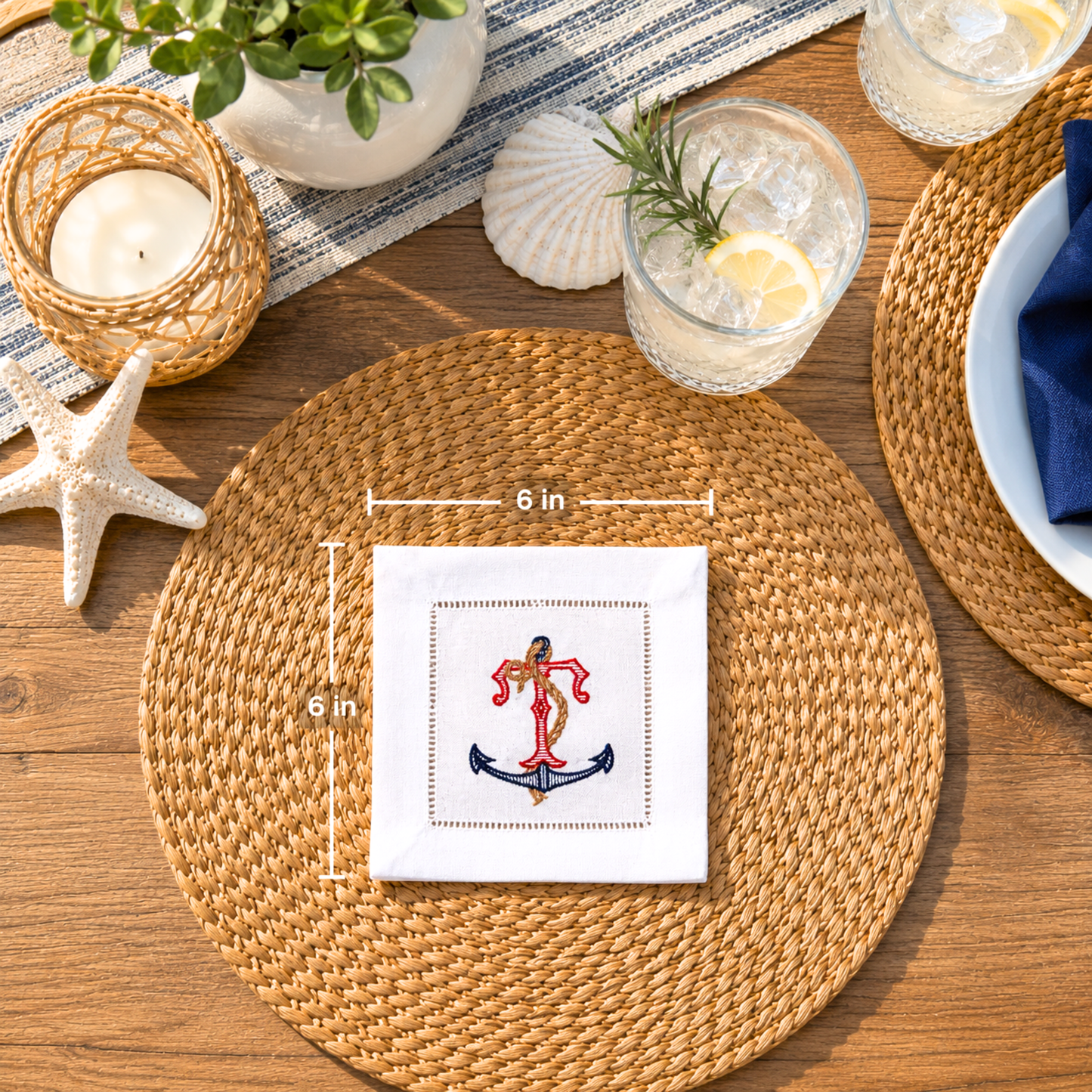 Personalized Embroidered Nautical Anchor Linen Cocktail Napkins - Set of 8