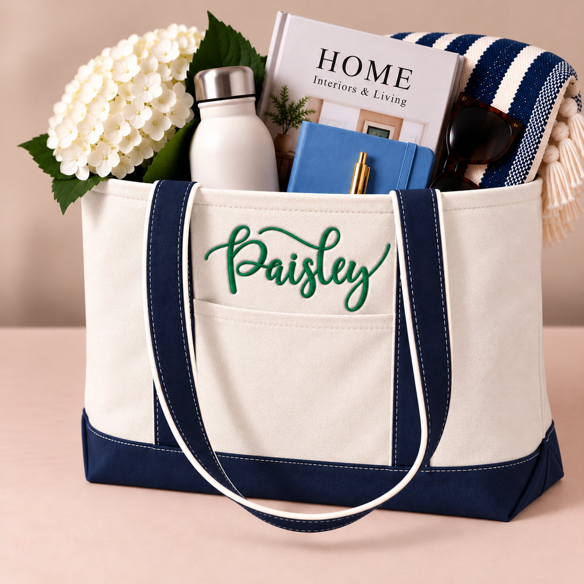 Personalized Classic Canvas Boat Tote Bag - Custom Embroidered Name