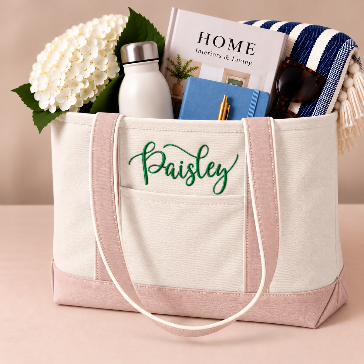 Personalized Classic Canvas Boat Tote Bag - Custom Embroidered Name