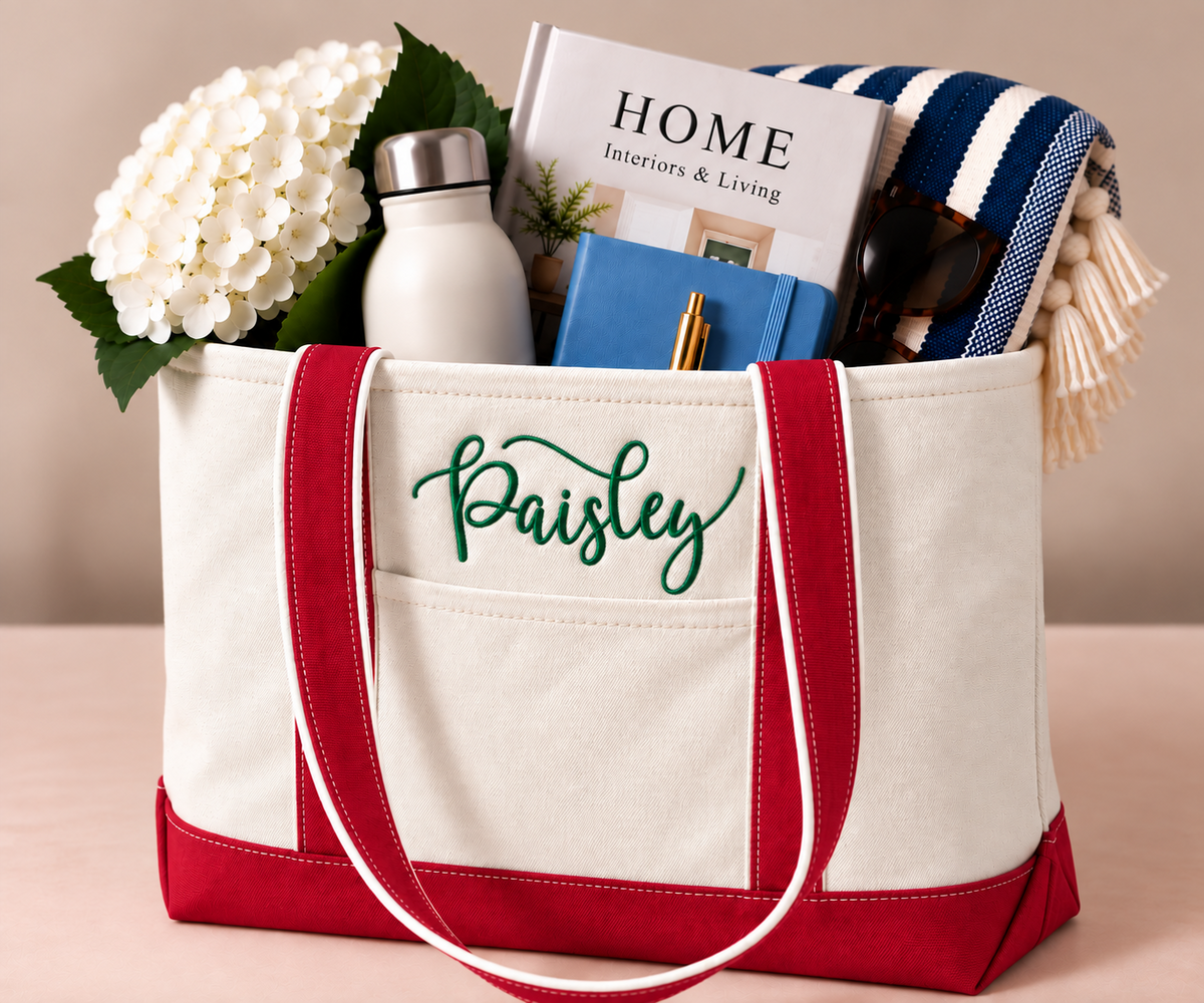 Personalized Classic Canvas Boat Tote Bag - Custom Embroidered Name