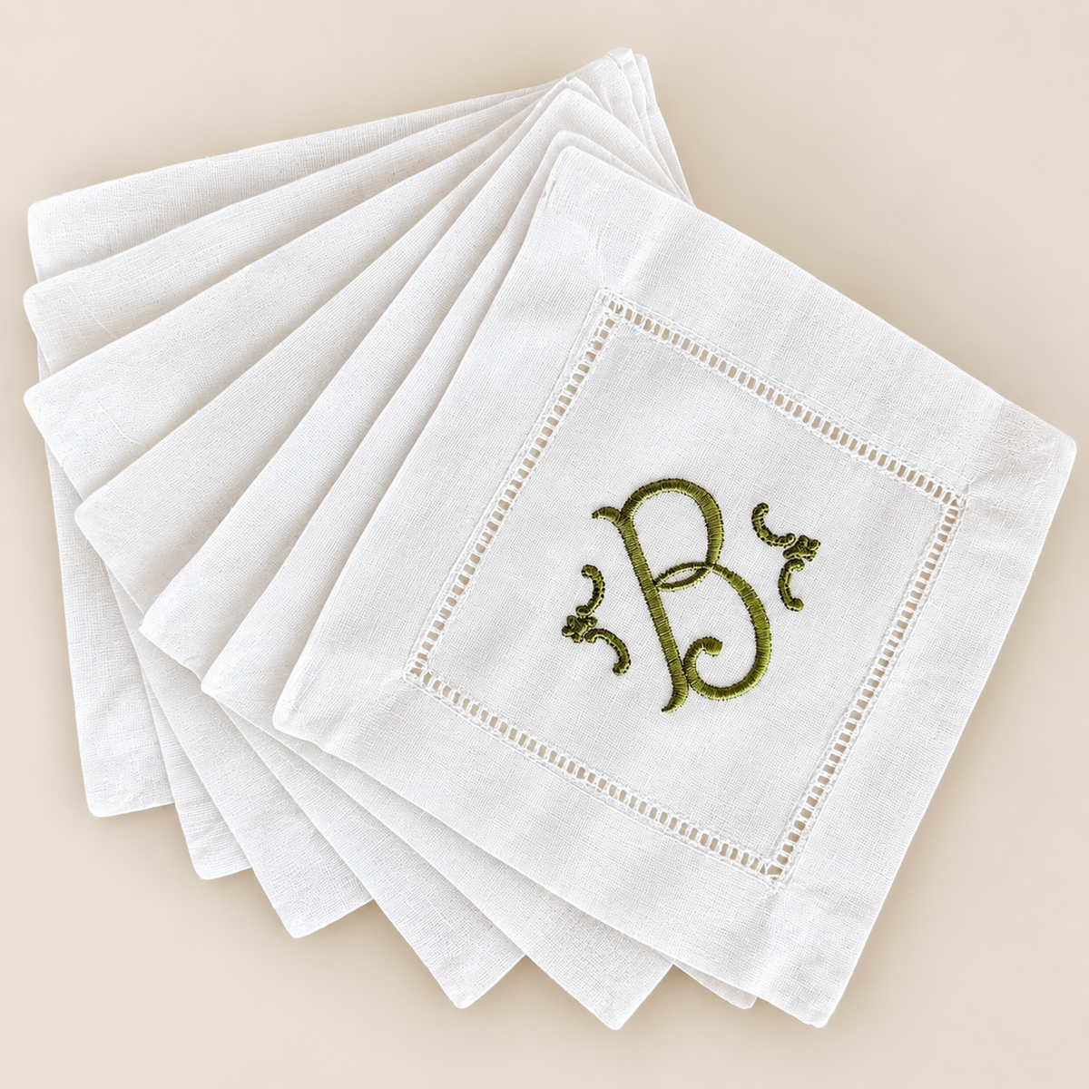 Embroidered Monogram Linen Cocktail Napkins - Set of 6