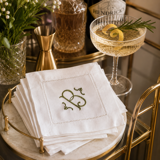 Embroidered Monogram Linen Cocktail Napkins - Set of 6