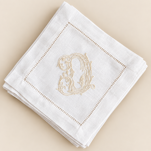 Embroidered Monogram Linen Cocktail Napkins - Set of 6