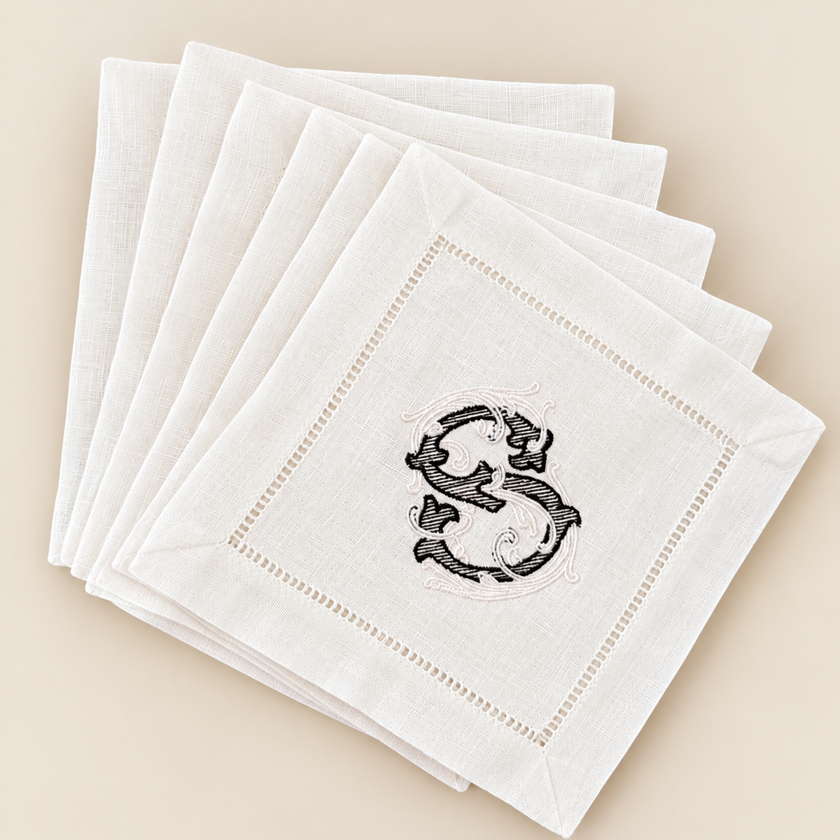 Embroidered Monogram Linen Cocktail Napkins - Set of 6